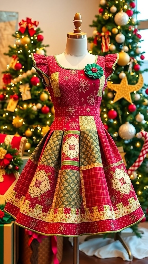 A colorful Christmas quilt dress on a mannequin with holiday decorations in the background.